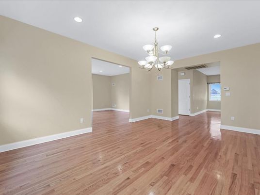Chandelier, Empty room, Interior, Recessed Lighting, Wood Texture Flooring