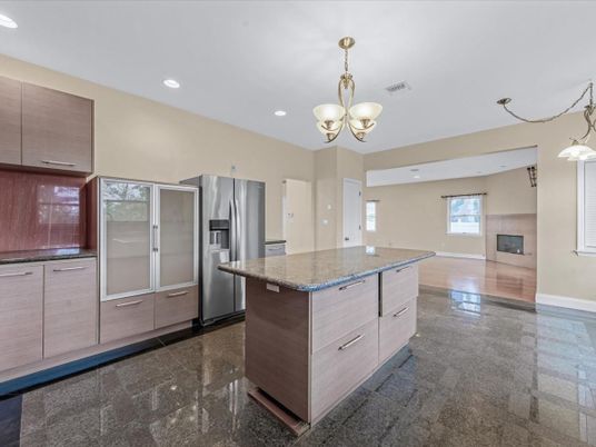 Chandelier, Fireplace, Interior, Kitchen, Recessed Lighting, Stainless Steel Appliances