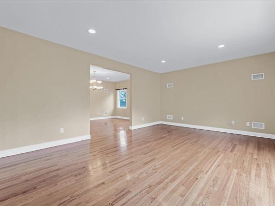 Chandelier, Empty room, Interior, Recessed Lighting, Wood Texture Flooring