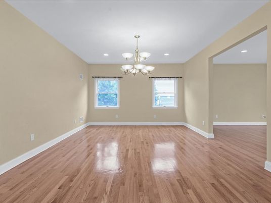 Chandelier, Empty room, Interior, Recessed Lighting, Wood Texture Flooring