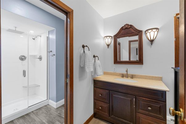 Bathroom, Glass Shower, Interior, Wood Texture Flooring