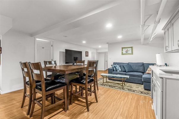 Dining room, Interior, Living room, Recessed Lighting, Wood Texture Flooring