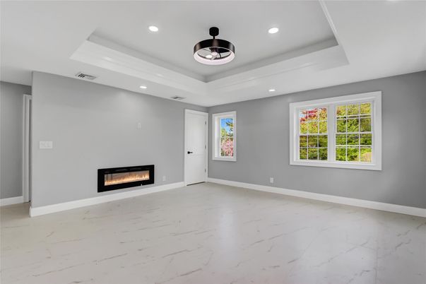 Empty room, Fireplace, Interior, Marble, Recessed Lighting
