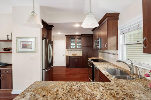 Interior, Kitchen, Pendant Lights, Recessed Lighting, Stainless Steel Appliances, Wood Texture Flooring