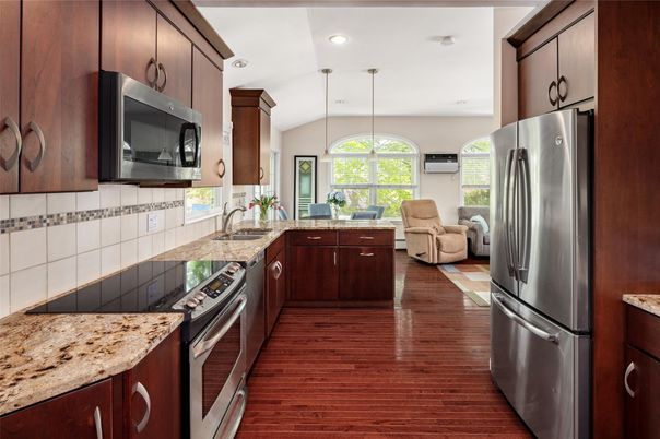 Interior, Kitchen, Living room, Pendant Lights, Recessed Lighting, Stainless Steel Appliances, Wood Texture Flooring