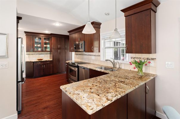 Interior, Kitchen, Pendant Lights, Recessed Lighting, Stainless Steel Appliances, Wood Texture Flooring
