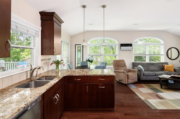 Dining room, Interior, Kitchen, Living room, Pendant Lights, Wood Texture Flooring