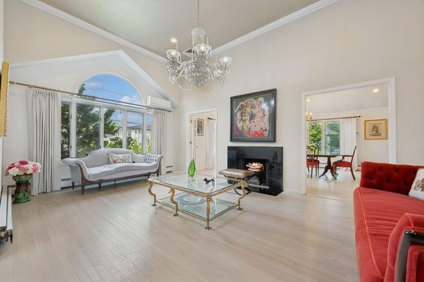 Chandelier, Dining room, Fireplace, Interior, Living room, Recessed Lighting, Wood Texture Flooring