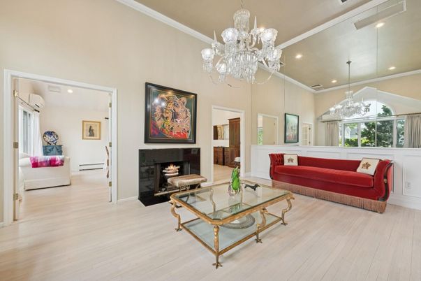 Chandelier, Fireplace, Interior, Living room, Recessed Lighting, Wood Texture Flooring