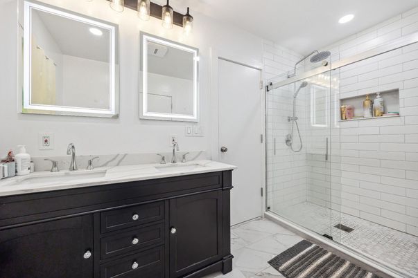 Bathroom, Dual Sink Vanities, Glass Shower, Interior, Marble, Recessed Lighting
