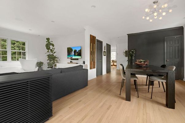 Dining room, Interior, Living room, Pendant Lights, Wood Texture Flooring