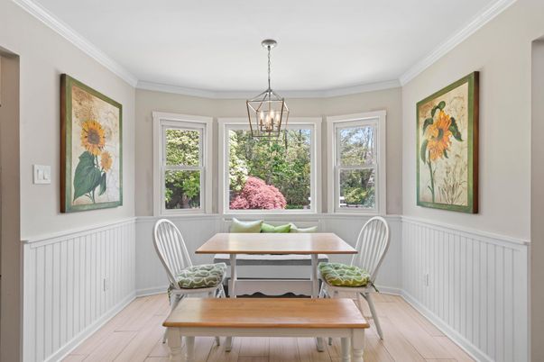 Dining room, Interior, Pendant Lights, Wood Texture Flooring