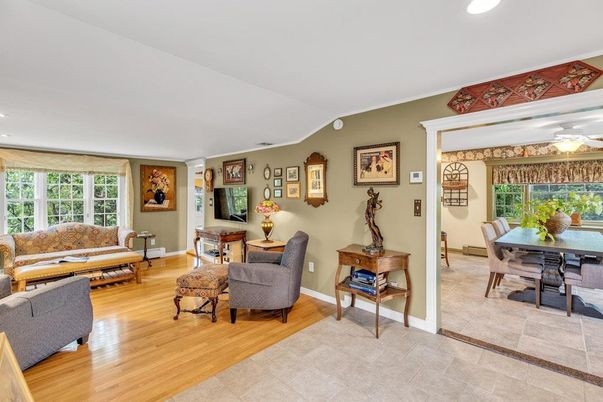 Dining room, Interior, Living room, Recessed Lighting, Wood Texture Flooring