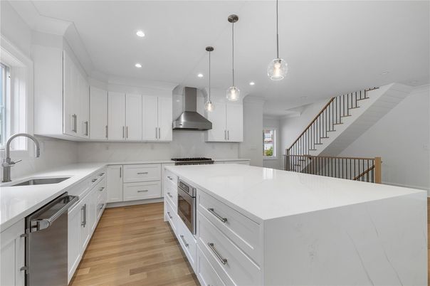 Interior, Kitchen, Pendant Lights, Recessed Lighting, Stainless Steel Appliances, Wood Texture Flooring
