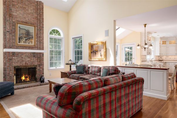 Fireplace, Interior, Kitchen, Living room, Pendant Lights, Stone Walls, Wood Texture Flooring