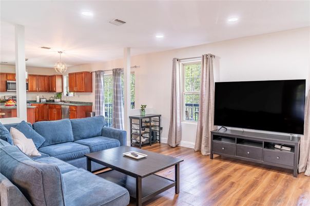 Chandelier, Interior, Kitchen, Living room, Recessed Lighting, Wood Texture Flooring