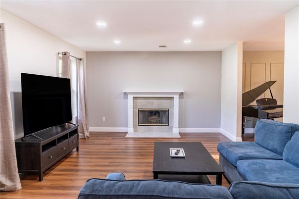Fireplace, Interior, Living room, Recessed Lighting, Wood Texture Flooring