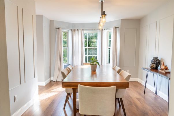 Dining room, Interior, Pendant Lights, Wood Texture Flooring