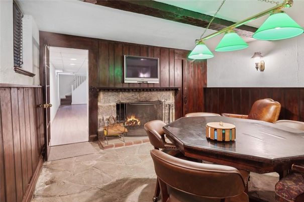 Dining room, Fireplace, Interior, Pendant Lights, Wooden Walls