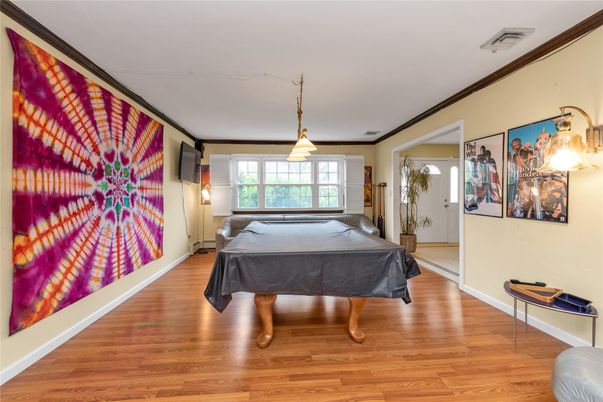 Billiard Table, Game Room, Interior, Pendant Lights, Wood Texture Flooring