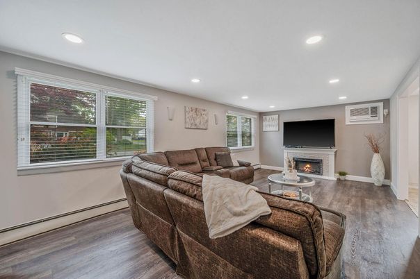 Fireplace, Interior, Living room, Recessed Lighting, Wood Texture Flooring