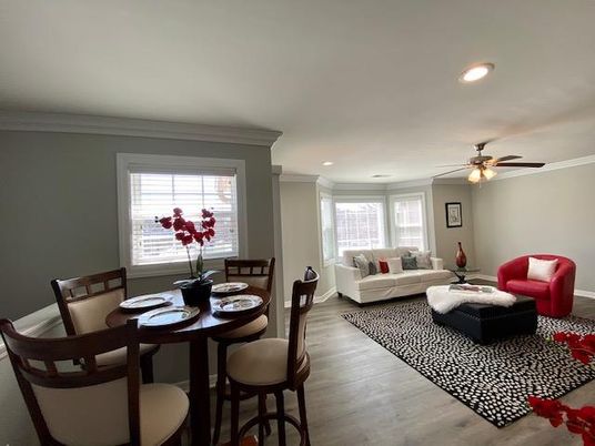 Dining room, Interior, Living room, Recessed Lighting, Wood Texture Flooring