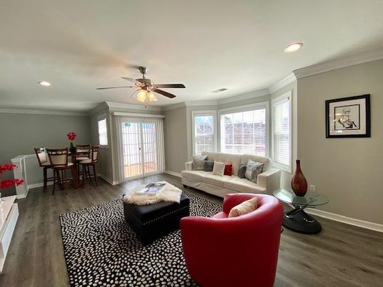 Dining room, Interior, Living room, Recessed Lighting, Wood Texture Flooring