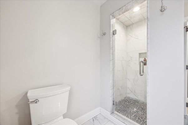 Bathroom, Glass Shower, Interior, Marble, Marble Walls, Recessed Lighting