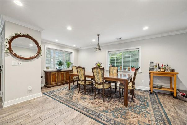 Dining room, Interior, Pendant Lights, Recessed Lighting, Wood Texture Flooring