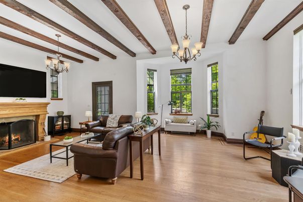 Chandelier, Fireplace, Interior, Living room, Wooden Beams, Wood Texture Flooring