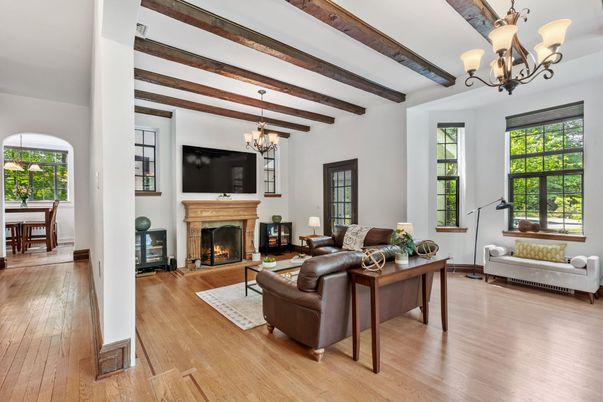 Chandelier, Dining room, Fireplace, Interior, Living room, Wooden Beams, Wood Texture Flooring