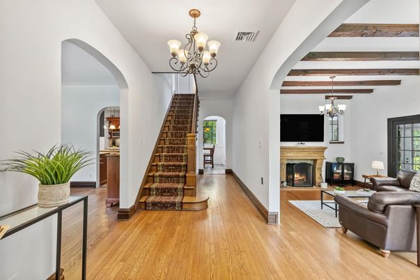 Chandelier, Fireplace, Interior, Living room, Wooden Beams, Wood Texture Flooring