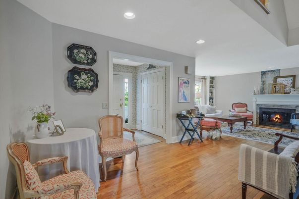 Dining room, Fireplace, Interior, Living room, Recessed Lighting, Wood Texture Flooring