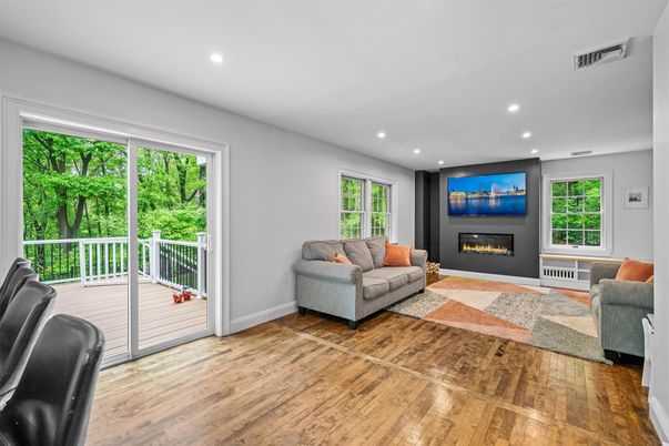 Fireplace, Interior, Living room, Recessed Lighting, Wood Texture Flooring