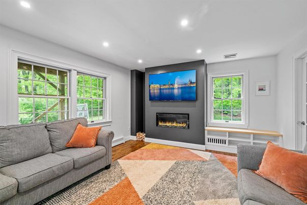Fireplace, Interior, Living room, Recessed Lighting, Wood Texture Flooring