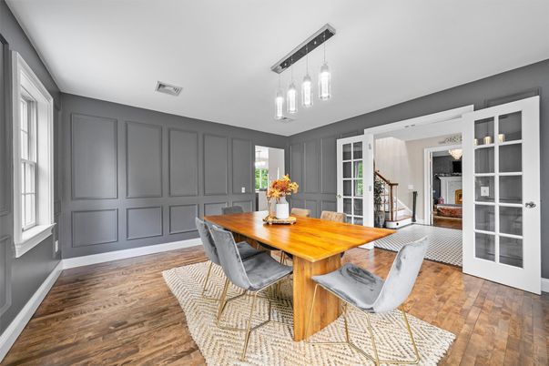 Dining room, Interior, Pendant Lights, Wood Texture Flooring