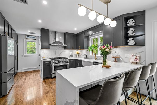 Interior, Kitchen, Pendant Lights, Recessed Lighting, Stainless Steel Appliances, Wood Texture Flooring
