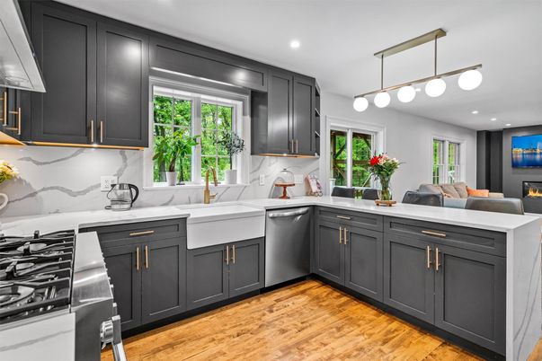 Fireplace, Interior, Kitchen, Pendant Lights, Recessed Lighting, Stainless Steel Appliances, Wood Texture Flooring