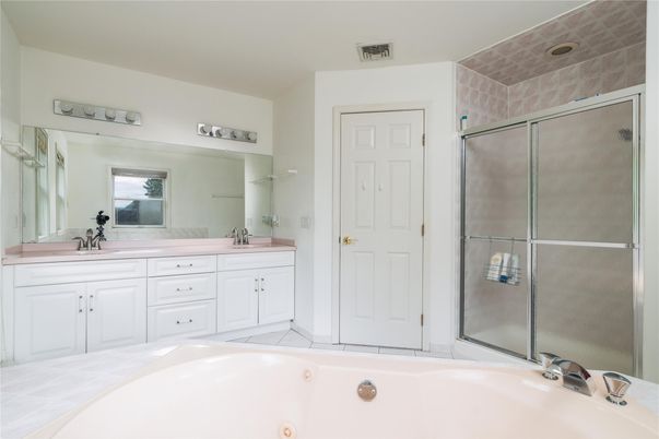 Bathroom, Dual Sink Vanities, Glass Shower, Interior, Tile Countertops