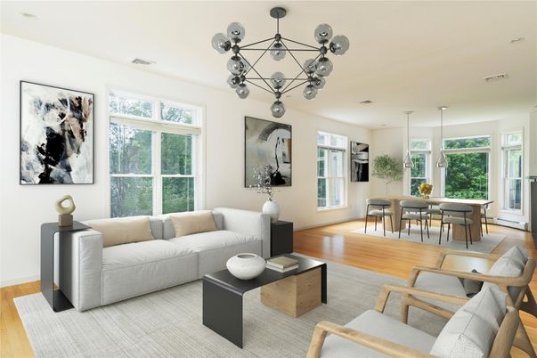 Dining room, Interior, Living room, Pendant Lights, Wood Texture Flooring