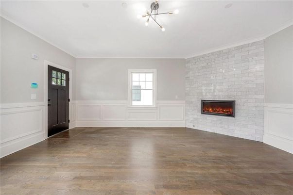 Empty room, Fireplace, Interior, Stone Walls, Wood Texture Flooring