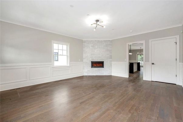 Empty room, Fireplace, Interior, Stone Walls, Wood Texture Flooring