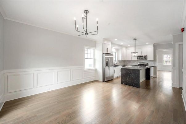 Chandelier, Interior, Kitchen, Pendant Lights, Recessed Lighting, Stainless Steel Appliances, Wood Texture Flooring