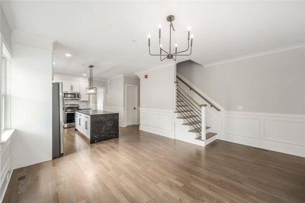 Chandelier, Interior, Kitchen, Pendant Lights, Recessed Lighting, Stainless Steel Appliances, Wood Texture Flooring