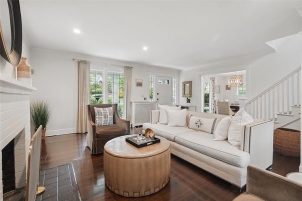 Dining room, Fireplace, Interior, Living room, Recessed Lighting, Wood Texture Flooring
