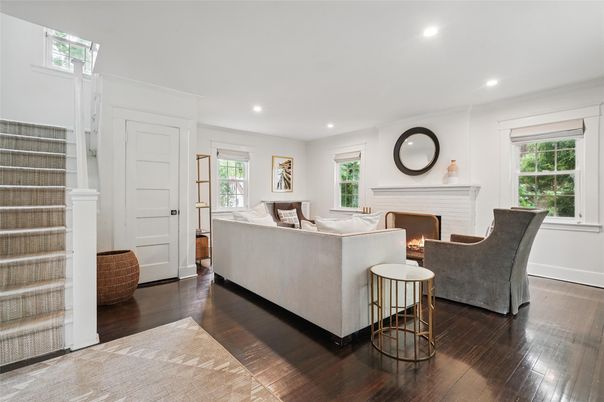 Fireplace, Interior, Living room, Recessed Lighting, Wood Texture Flooring