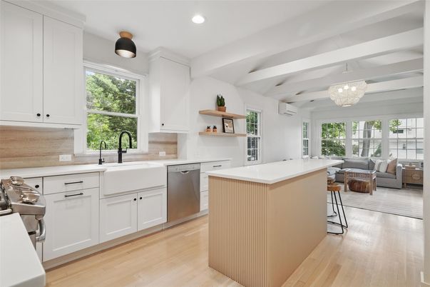 Chandelier, Interior, Kitchen, Living room, Recessed Lighting, Stainless Steel Appliances, Wood Texture Flooring