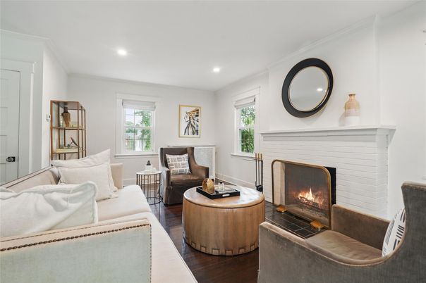 Fireplace, Interior, Living room, Recessed Lighting, Wood Texture Flooring
