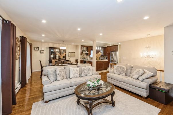 Chandelier, Dining room, Interior, Kitchen, Living room, Pendant Lights, Recessed Lighting, Wood Texture Flooring