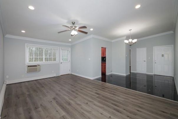 Chandelier, Empty room, Interior, Recessed Lighting, Wood Texture Flooring